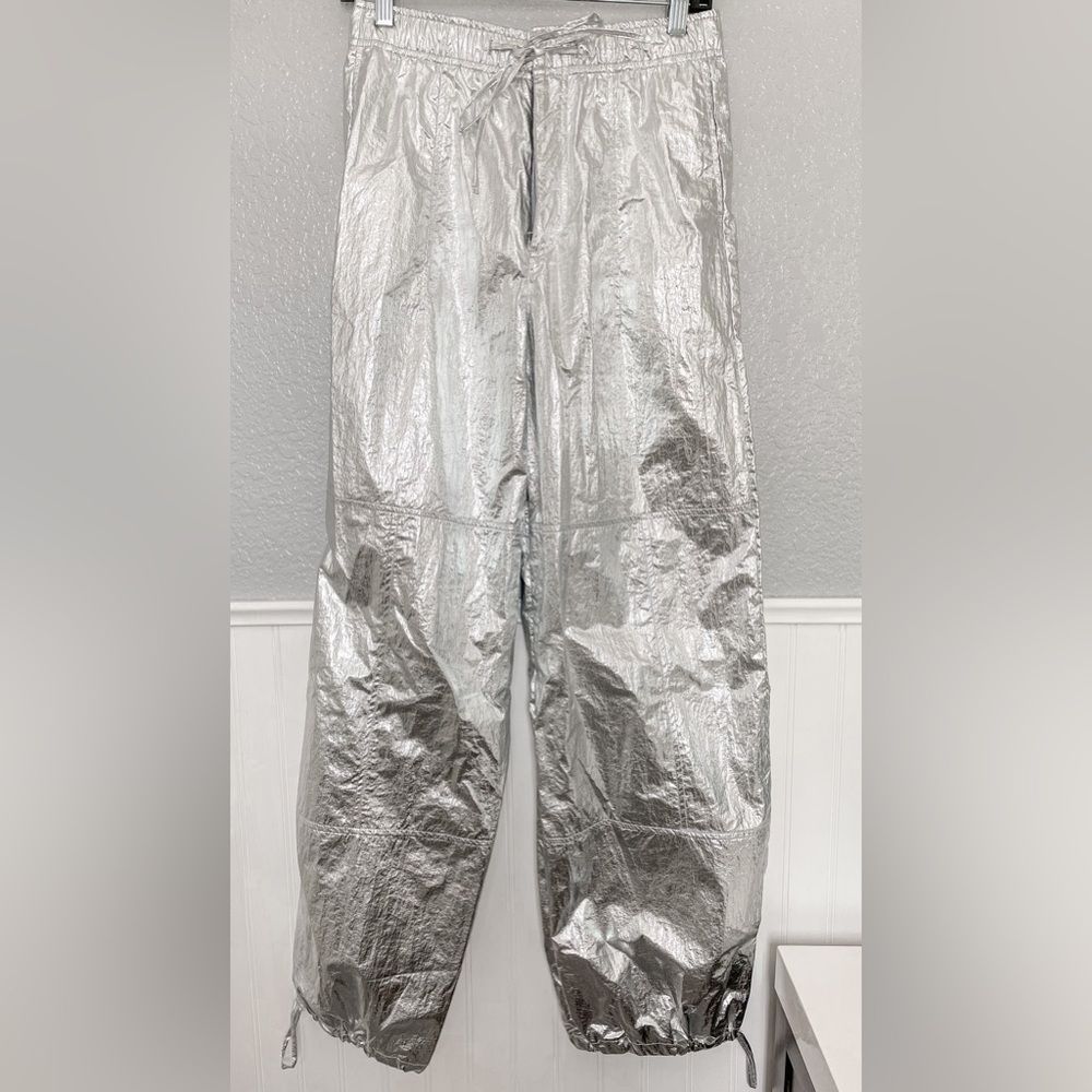 ZARA WOMAN MID RISE METALLIC PARACHUTE TROUSERS PANT SILVER 8338/405/070/015 - Picture 8 of 10
